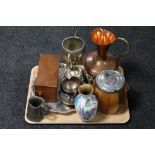 A tray containing cloisonne vase, assorted plated wares, treen biscuit barrel,