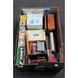 A box of Linke model building system, assorted pens, dominoes,