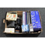 A box of Evoke DAB radio, Aiwa micro cassette recorder,