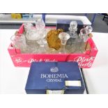 A box of assorted glassware including boxed and unboxed Bohemian crystal, assorted decanters,