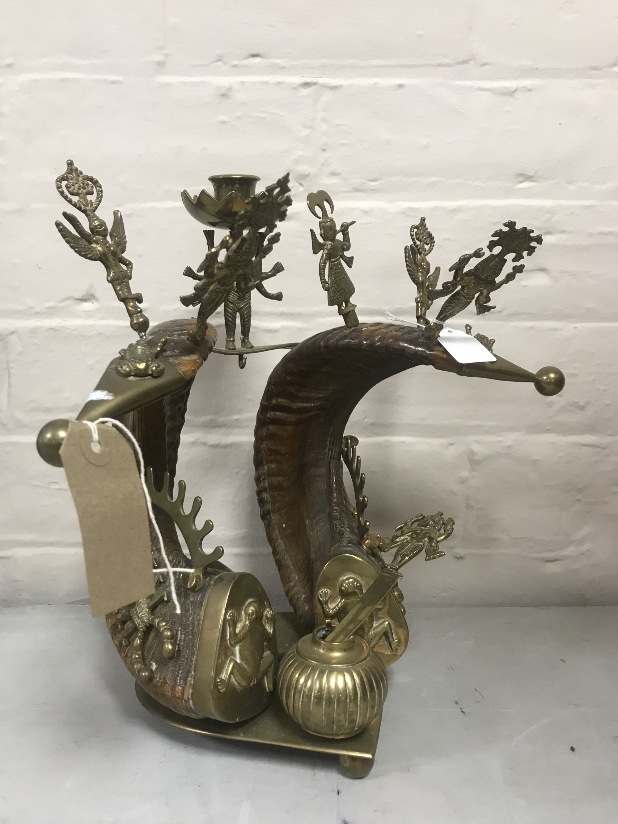 An Anglo-Indian rams horn and brass ornate desk stand