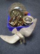 A box of brass and copper, twin handled pan, wall mirror, plaque,