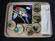 A tray of tubelined tile depicting a parrot, portrait miniatures,