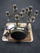 A tray of brass gong and beater on stand , oak barometer,