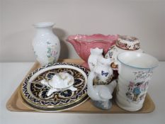 A tray of Aynsley vases, Maling lustre vase, Nao figure, Masons Mandalay ginger jar,