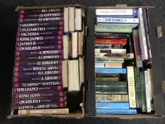 Two boxes of assorted books including a set of Kings and Queens of England,