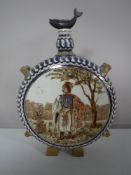 A hand painted Romanian circular decanter depicting a gentleman with dog,