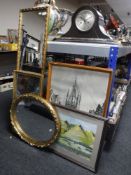 Three gilt framed mirrors together with a watercolour - Hilly landscape and two monochrome prints -