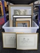 A box of pictures and prints including three signed black and white engravings,