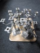 A tray of antique plated epergne stand together with five assorted table candelabra