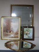Two gilt framed mirrors together with two framed oils on canvas
