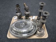A tray of antique plated ware, candlesticks,