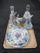 A tray of two Nao figures, one other Spanish figure, Franz china vase,