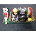 A box of vintage style radios, Betty Boop figures,
