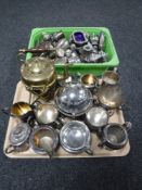 A tray and basket of plated wares, part tea services, cruets,
