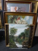 Nine framed tapestries together with a framed oil on canvas - Woodland scene and unframed oil -