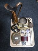 A tray containing an oak horseshoe card box, hip flask, pocket compass, hand fans,