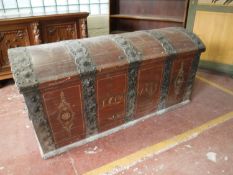 A 19th century metal bound shipping trunk with hand painted decoration