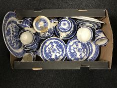 A box of Willow pattern tea and dinner ware