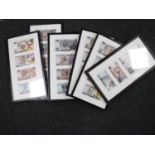 Six framed sets of novelty bank notes to include Jungle book, super heroes,
