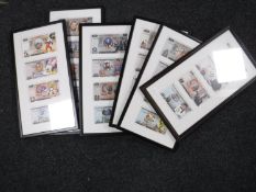 Six framed sets of novelty bank notes to include Jungle book, super heroes,