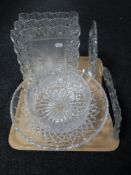 A tray of five glass picture frames together with cut glass fruit bowl and comport