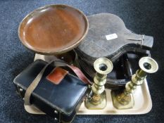 A tray of bellows, brass candlesticks, wooden comport,