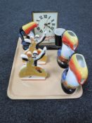 A tray of two Guinness Toucan ceramic jugs together with Guinness time clock and two past times