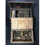 Two antique pine tool boxes containing hand tools