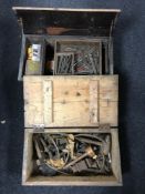 Two antique pine tool boxes containing hand tools