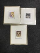 Three Nicky Belton framed pictures - two portrait studies and a cat