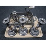 A tray of twentieth century plated wares, set of four telescopic candlesticks (one lacking sconce),