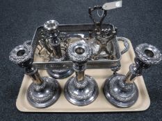 A tray of twentieth century plated wares, set of four telescopic candlesticks (one lacking sconce),