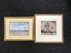 A gilt framed watercolour study - children on beach, signed Wilson and a C.P.