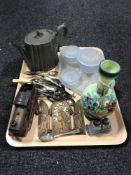 A tray of early twentieth century glass trinket set, hand painted glass vase, silver teaspoon,