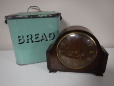 A green enamelled bread bin together with a walnut cased Smiths Enfield clock