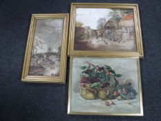 Three early twentieth century gilt framed oils on canvas; Two figures fishing by a river,