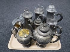 A tray of antique plated three piece tea service (lid missing) together with further five plated