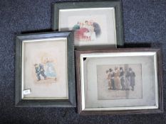 Three hand finished prints in watercolour depicting figures by 'Cynicus' , all parts framed.