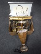 A table lamp with shade together with a box of gilt framed oil on canvas - Hereford bull,