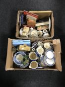 Two boxes of blue and white china, boxed Wedgwood plates, eggshell tea service, commemorative ware,