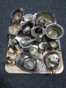 A tray of twentieth century plated wares, tankards, part tea sets, egg cups,