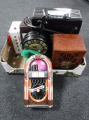 A box of retro style telephone Steepletone turn table, station clock,