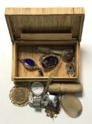 A box of costume jewellery, fountain pen nibs, Thai silver brooch etc.