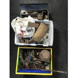 Two plastic crates containing hand tools, Stanley planes,