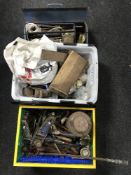 Two plastic crates containing hand tools, Stanley planes,