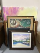 Six framed and un-framed oils including figures in a gallery, Eastern,