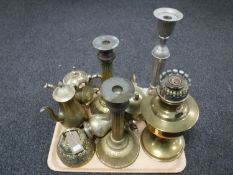 A tray of brass including Aladdin oil lamp, brass tea service, brass bell,