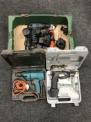 A box of cased and uncased power tools - Black & Decker, Challenge, hammer drills,