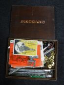 A large wooden Meccano box containing outfits numbers 1, 4, 6,